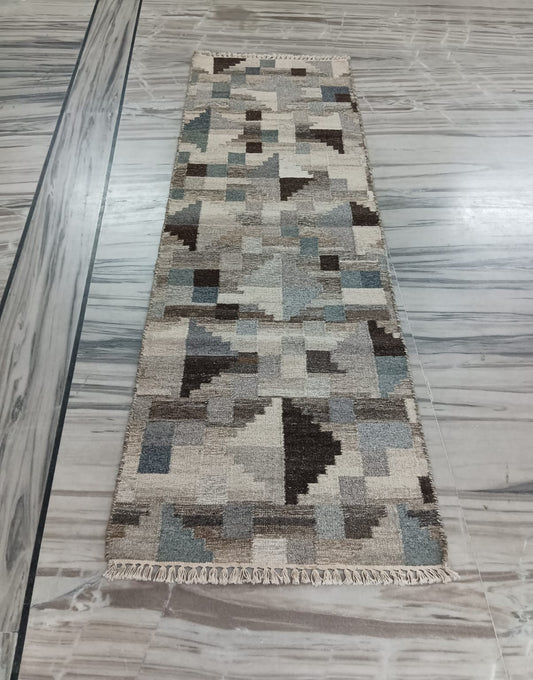 Abstract Geometric Handwoven Wool Runner Rug (2.5 by 8ft)