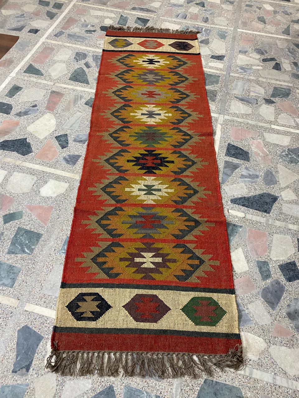 Stunning Handwoven Jute and Wool Kilim Runner Rug (2.5 by 8ft)