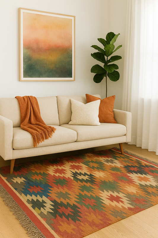 Beautiful Multicolor Jute and Wool Kilim Area Rug (5 by 8ft)