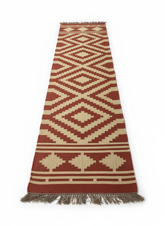 Red and Natural Diamond Jute Wool Kilim Runner Rug (2.5 by 8ft)