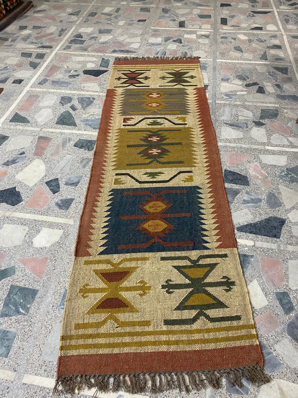 Bold Multicolor Tribal Jute Wool Kilim Runner Rug (2.5 by 8ft)