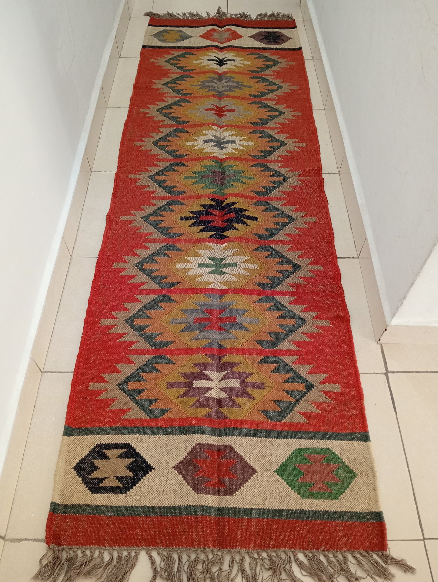 Stunning Handwoven Jute and Wool Kilim Runner Rug (2.5 by 8ft)