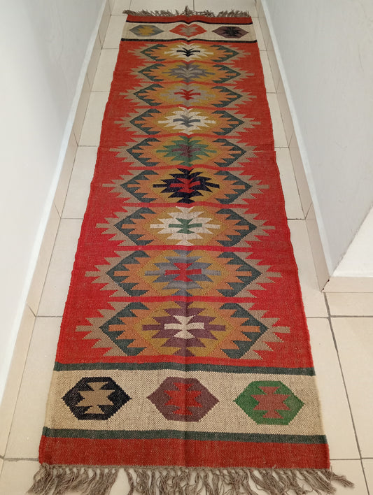 Stunning Handwoven Jute and Wool Kilim Runner Rug (2.5 by 8ft)