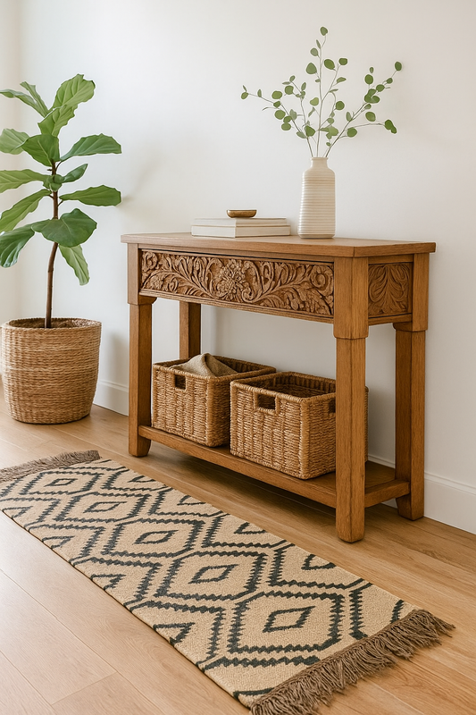 Black and Natural Diamond Jute Wool Runner Rug (2 by 6ft)